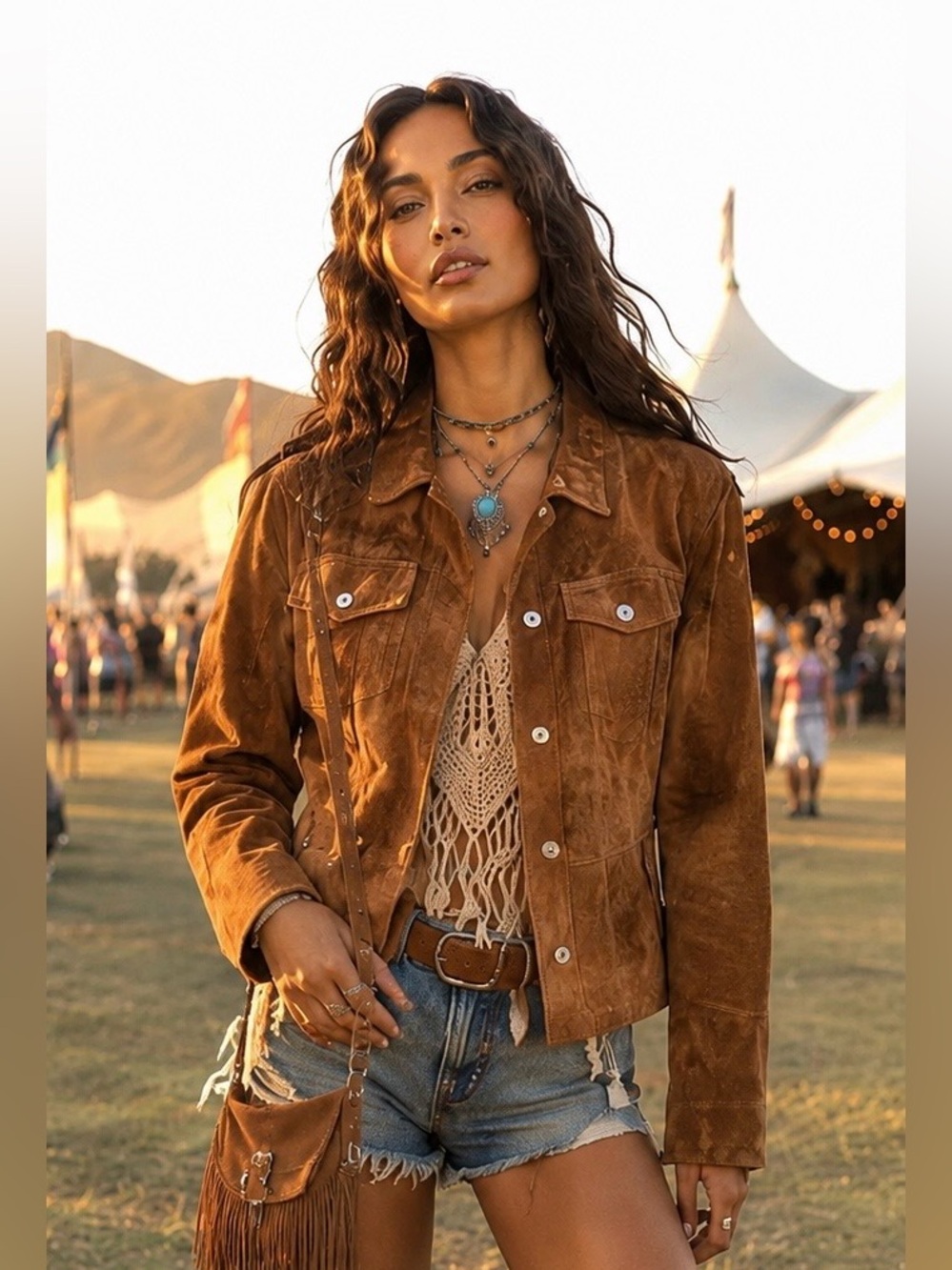 Vintage Eddie Bauer Genuine Suede Leather Jacket Boho Western Festival Cognac
